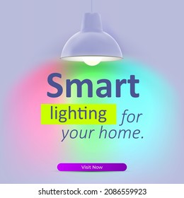 Lámpara colgante con bombilla de led inteligente sobre fondo multicolor. El concepto de iluminación inteligente.