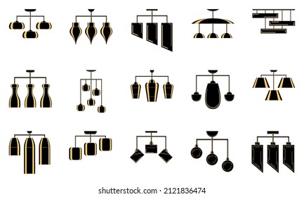 Hanging Lamp With Three Shades Of Different Shapes, Ceiling Lamp. Lighting Inside The House. Lampshade Design. Modern Fashionable Interior. Set Of Vector Icons, Flat, Isolated