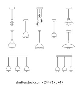 Hängelampen-Vektorgrafik-Linie-Symbol-Set. Umrisssymbol des Lampenlogos. Loft-Stil Kronleuchter. Schwarze Linie Glühbirne Vektorgrafik. Vektorillustration. Innenbeleuchtung für zu Hause.