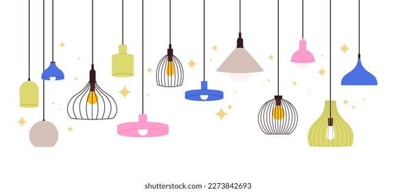 Hanging lamps banner. Home ceiling lamp with bulbs. Electric modern interior decor design, lights decorative vintage chandeliers retro racy vector background