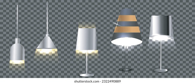 Hanging lamps collection. Chandeliers, lamps, bulbs vintage lamps elements of modern interior vector