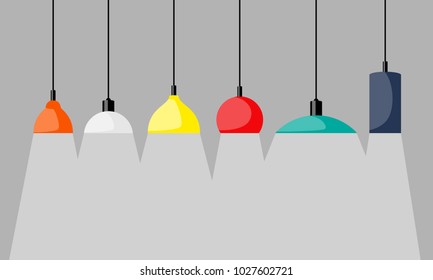 Hanging lamps, set. Chandeliers, lamps, bulbs - elements of modern interior. Vector illustration isolated