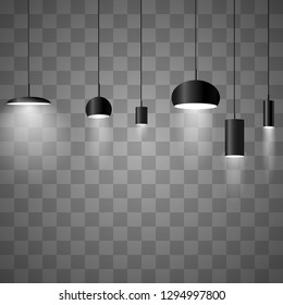 Hanging lamps, set. Chandeliers, lamps, bulbs - elements of modern interior. Vector illustration isolated.