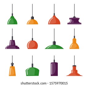 Hanging lamps, set. Chandeliers, lamps, bulbs - elements of modern interior, beautiful icon collection. Vector illustration isolated