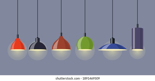 Hanging lamps, set. Chandeliers, lamps, bulbs - elements of modern interior. Vector illustration isolated