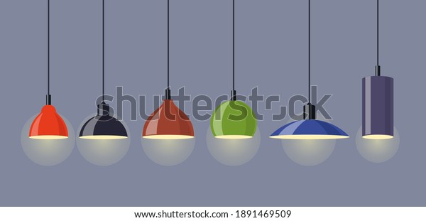 Hanging lamps,\
set. Chandeliers, lamps, bulbs - elements of modern interior.\
Vector illustration\
isolated