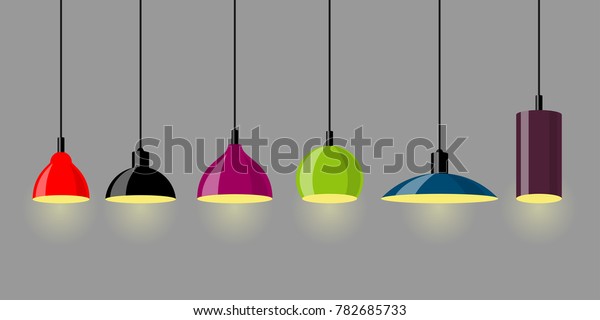 Hanging lamps,\
set. Chandeliers, lamps, bulbs - elements of modern interior.\
Vector illustration\
isolated.