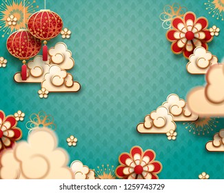 Hanging lantern and clouds in paper art on turquoise background Hanging lantern and clouds in paper art on turquoise background
