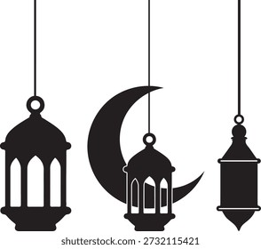 Pendurando lanterna e crescente Ramadã preto Silhueta