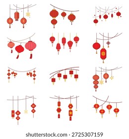 Conjunto de Vector de guirnalda de linterna colgante. Luces chinas rojas festivas en las cuerdas para la decoración del partido del Año Nuevo lunar aislado en blanco