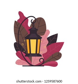 Hanging lantern on a background of colored abstract leaves