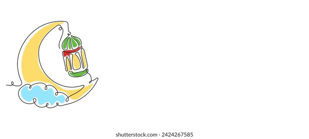 Hanging Lantern on the Crescent Moon Continuous Line Drawing Style. Ramadan Kareem Collections Element For Design