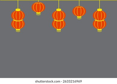Hanging lantern row. Multiple red lights. Vector festive scene. Gray background object.