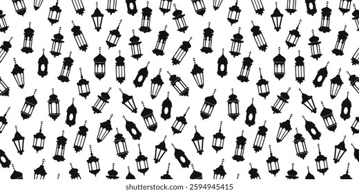 Hanging lantern seamless pattern background. Islamic lamp middle east ornament wallpaper