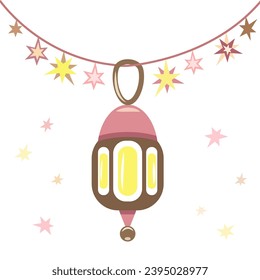Linterna colgante y estrellas en una cuerda. Elegante garland. Dibujo de vectores. Colores rosa y beige