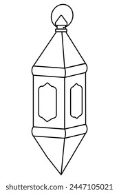 Hanging lantern with a triangular dome. Sketch. Vector illustration. Outline on isolated background. Doodle style. Candlestick with fancy windows. The lamp hangs on a ring. Coloring book for children.