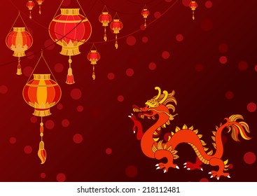 hanging lanterns background. Chinese lanterns and dragon
