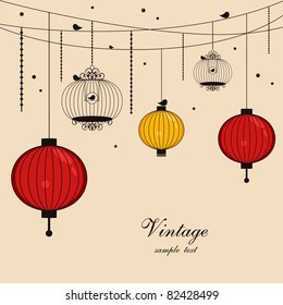 hanging lanterns and birdcages with space for text