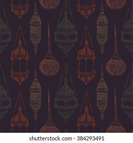 Hanging lanterns. Hand drawing decor. Hand drawn vector illustration, realistic sketches.