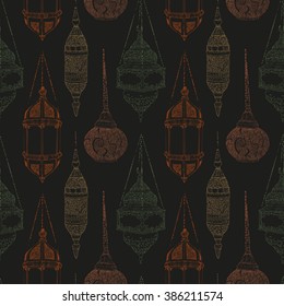 Hanging lanterns. Hand drawing decor. Hand drawn vector illustration, realistic sketches.