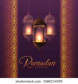 hanging lanterns and islamic pattern design for ramadan kareem