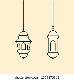 Hanging Lanterns Line Art, Two hanging lanterns in a simple line art style, ideal for Ramadan or festive designs.