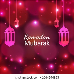 Hanging lanterns on shiny pink background, Holy month of Islam, Ramadan Mubarak.