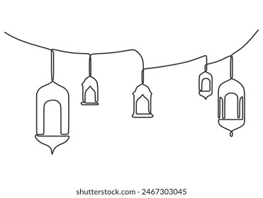 Hanging lanterns in one continuous single line art drawing style isolated on white background. Ramadan kareem concept vector illustration.