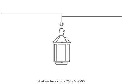 Hanging lanterns in one line drawing. Horizontal banner in minimalistic Industrial style. single continuous line drawing, Vector illustration. Line art of pendant lamp.
