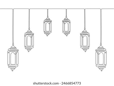 Hanging lanterns in one single continuous line drawing style isolated on white background. Ramadan kareem concept vector illustration.