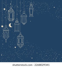 Hanging lanterns over night sky, arabic lamp lights, Ramadan Kareem garland, vector