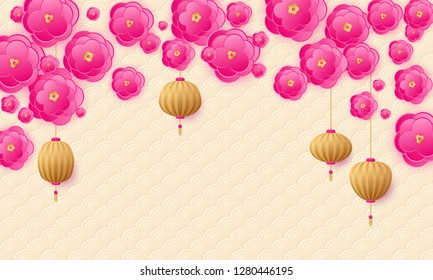Hanging lanterns and paper cut flowers Chinese new year card background vector design. Pink and gold abstract chinese cherry flowers and New Year lanterns vector holiday illustration.