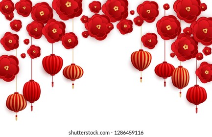 Hanging lanterns and paper cut flowers Chinese new year card background vector design. Red and gold abstract chinese cherry flowers and New Year lanterns vector holiday illustration.