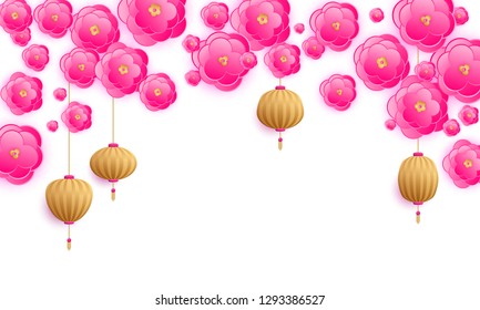 Hanging lanterns and paper cut flowers Chinese new year card background vector design. Pink and gold abstract chinese cherry flowers and New Year lanterns vector holiday illustration. 