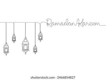 Linternas colgantes con inscripción manuscrita de ramadán kareem. Dibujo de una línea de la letra de la tarjeta de caligrafía de escritura a mano de la frase aislada sobre fondo blanco.