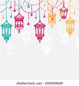 Hanging Lanterns for Ramadan Kareem (islamic blessed month) or Eid Al Fitr (islamic holiday). Hand drawn vector illustration.