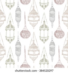 Hanging lanterns seamless background pattern. Hand drawn decor, vector illustration, realistic sketches.