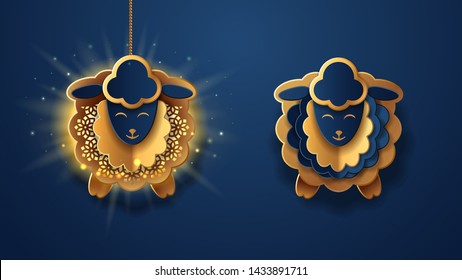 Hanging lanterns as sheep for Eid al-Adha. Paper fanous in form of lamb for Bakrid or feast of sacrifice. Muslim Bakrid decoration as lamb.Ram, goat for islam holiday or festive. Religion, celebration