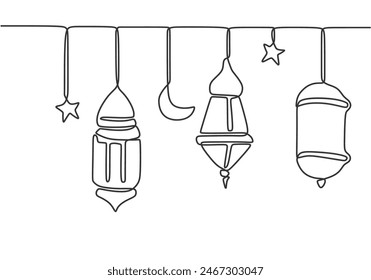Linternas colgantes, estrella y luna en una sola línea continua estilo de dibujo de arte aislado sobre fondo blanco. Ilustración vectorial conceptual de Kareem de Ramadán.