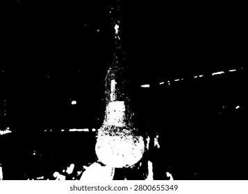 Hanging LED light bulb covered in thick dust and cobwebs. High contrast black and white stencil vector illustration of an abandoned dirty old lamp for spooky mystery concept.