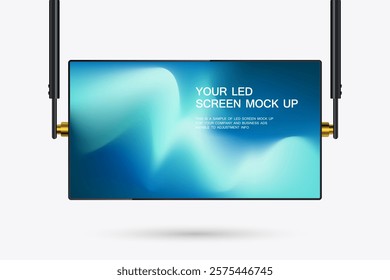 The Hanging LED Screen Mockup with gradient blue screen. A hanging technology LED Screen Mockup in 3Ds. editable LED vector Illuminated TV lightbox with empty space for design. for Restaurants.