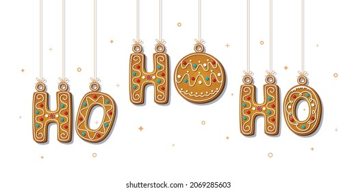 Hanging letters gingerbread cookies with ho phrase with christmas tree toy and sparkles isolated on white background. Laugh of Santa Claus. Vector illustration