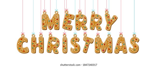 Hanging letters of gingerbread cookies. Merry Christmas phrase. Vector illustration