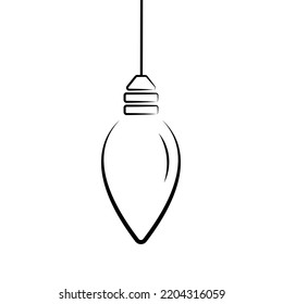 hanging light bulb candle shape, single black filled line, hand drawn, isolated on white background, loft style design element