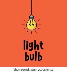 hanging light bulb - cartoon vector concept.hand drawn vector  illustration, black and white color, , sketch style, isolated on orange background.