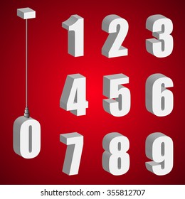 Hanging light bulb digits. Pendant white bold 3d isometric numbers. Suspension cable rope numeral.