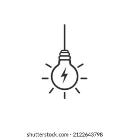 Bombilla colgante con icono de flash. concepto de señas o etiquetas simples para la educación moderna de la información o aprendizaje de los idiomas. Diseño de arte gráfico con logotipo de invento de trazo plano aislado sobre fondo blanco. Vector