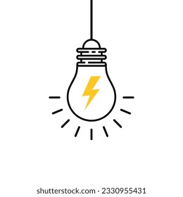 hanging light bulb with flash icon. concept of simple sign or label for modern info education or elearning. lineart flat stroke invention logotype graphic art design isolated on white background