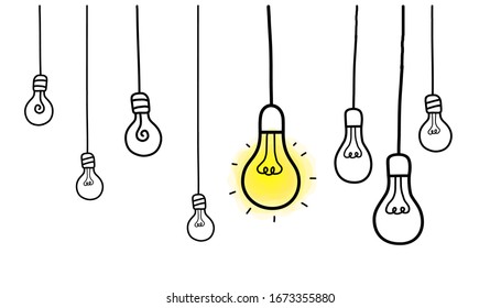 Hanging light bulb with fluorescent tube Vector icon lamp with concept of idea on white background