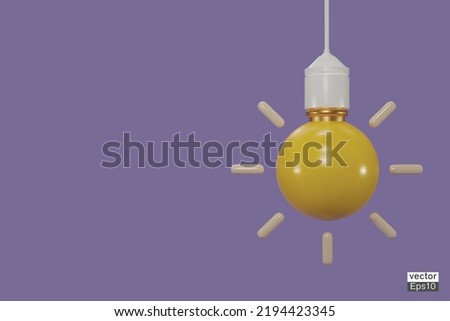 Hanging light bulb icon isolated on purple background. Cartoon style minimal bulb for Ideas, solutions, business, thinking, invention symbol, and strategy concept. Copy space. 3d vector illustration.